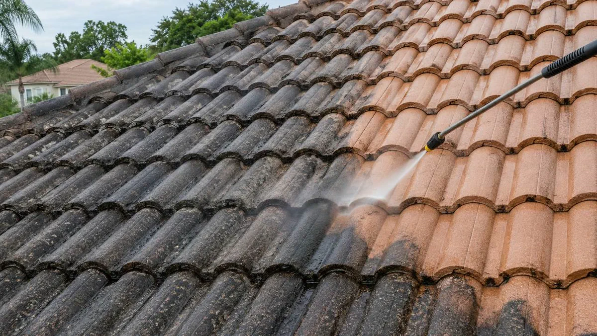 Black algae streaks on an Orlando shingle roof before cleaning